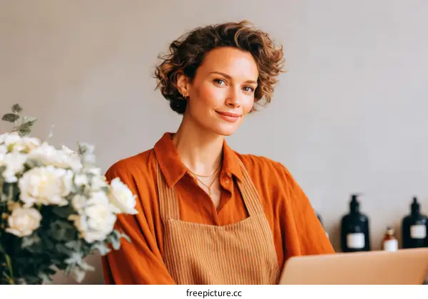 Smiling Woman Florist Working on Laptop