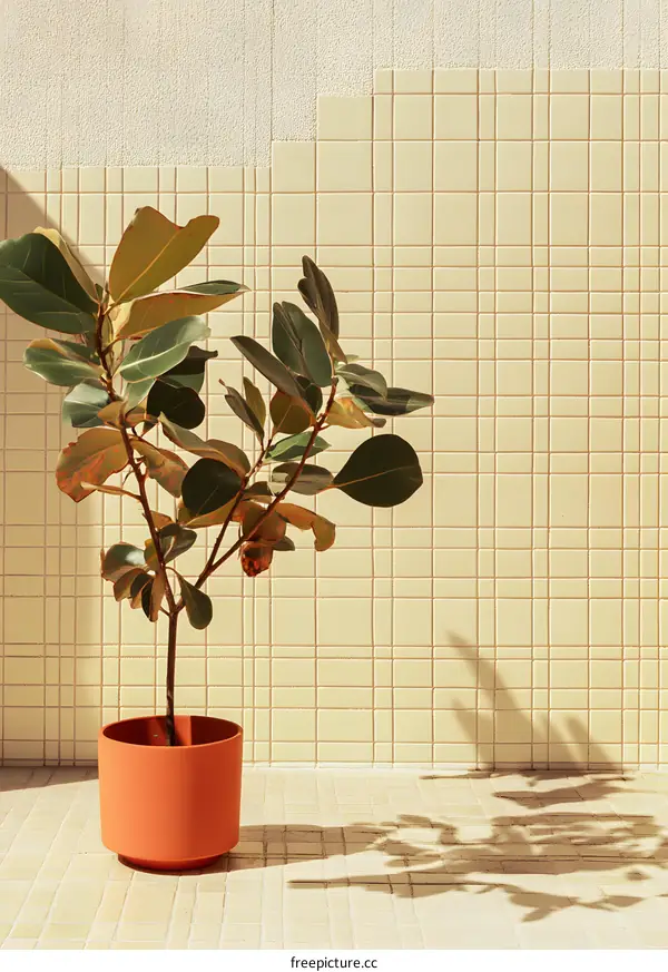 Green Plant in Pot Against a Tiled Wall