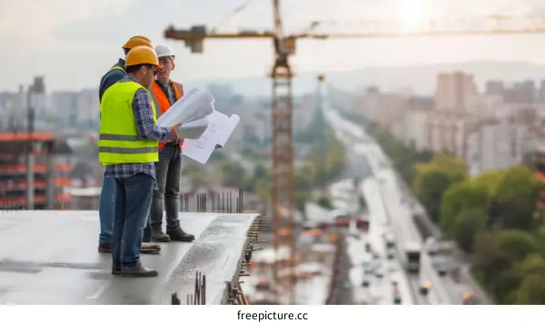 Three construction workers in hard hats looking at blueprints on a rooftop