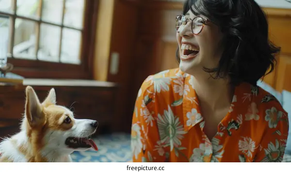 A woman is sitting on the floor with a small dog