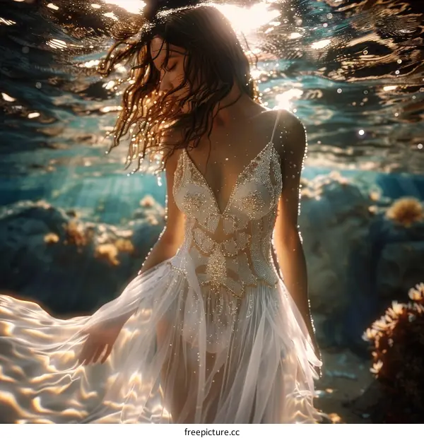 Young Woman Posing Underwater in White Dress