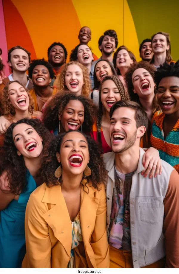 A group of diverse people laughing together in front of a colorful background