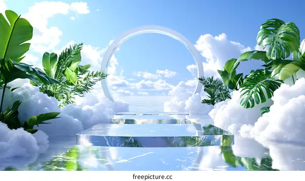 Floating Cloud Stage with Green Plants and Archway