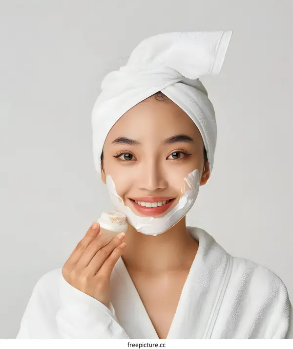 Smiling Asian Woman Applying Facial Cream