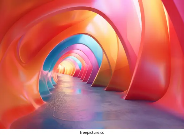 Colorful Tunnel with Arches and Reflective Floor