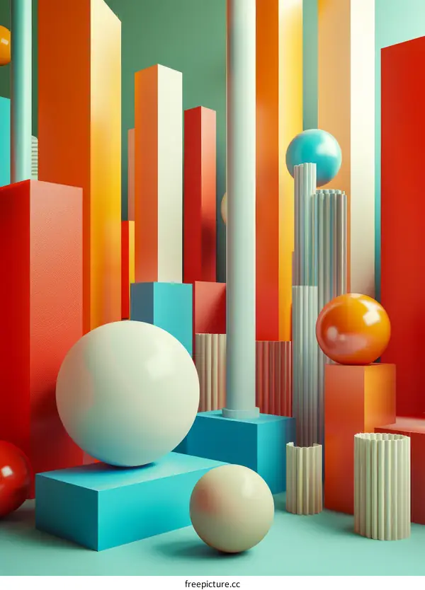 3D rendering of colorful geometric shapes and spheres
