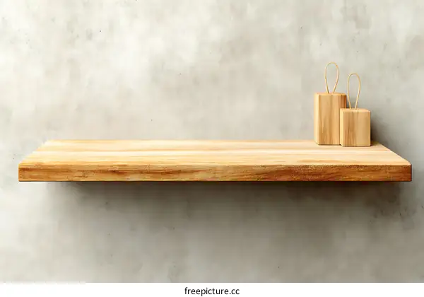 Wooden Shelf Against a Light Gray Concrete Wall