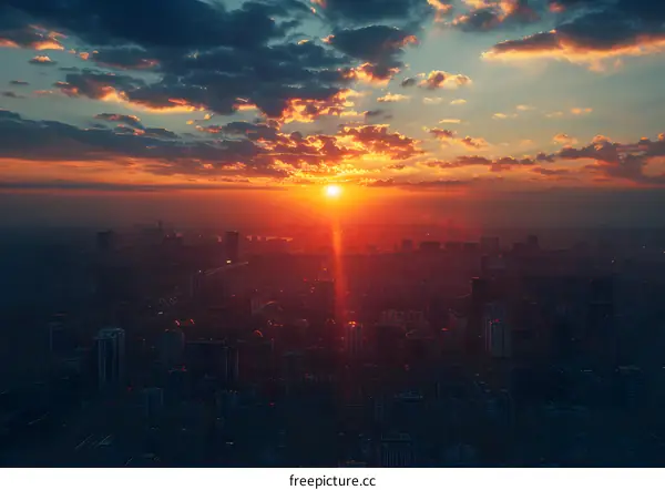 Cityscape at Sunset with Orange Sky and Clouds