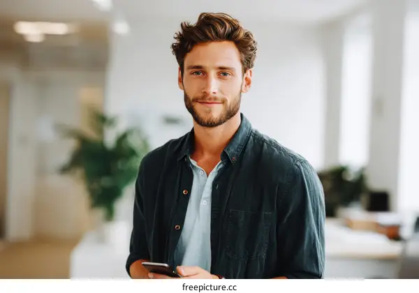 Business Man Holding Smartphone in Modern Office