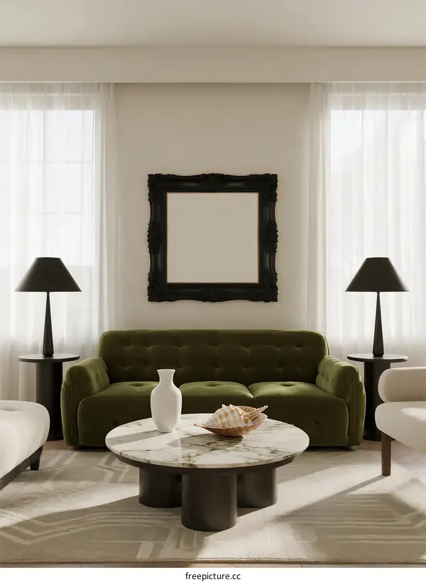 Elegant living room with green sofa and round marble coffee table