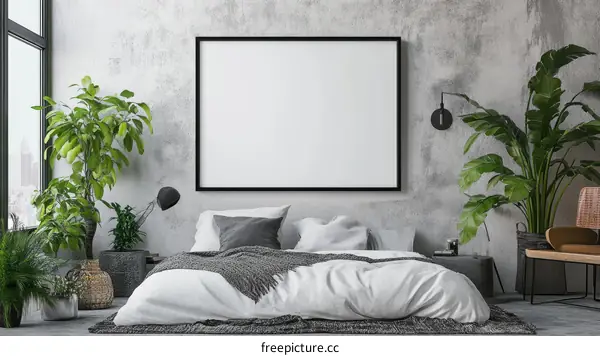 Modern Bedroom Interior Design Mockup with Blank Frame