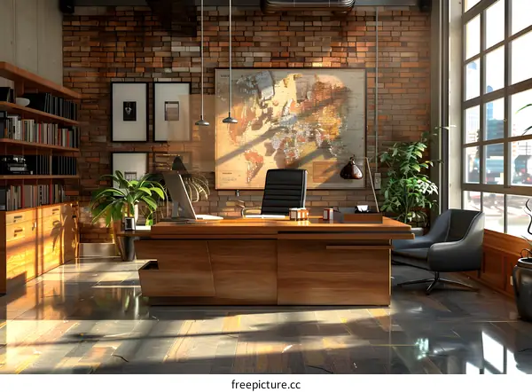 Modern office interior with brick walls and large windows