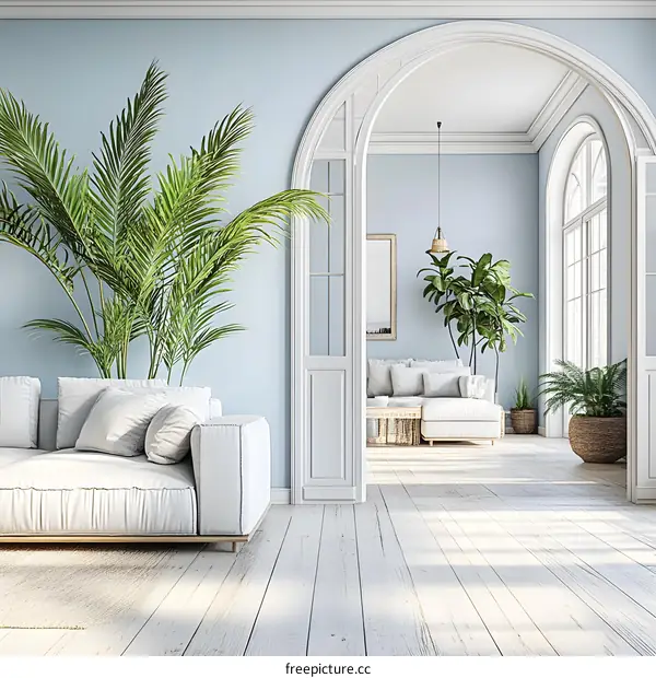 Modern Minimalist Living Room With White Sofa and Plants