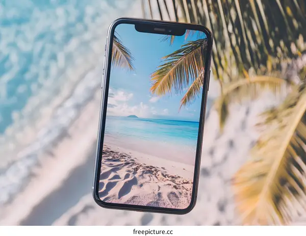 Smartphone with Beach Scene on the Screen