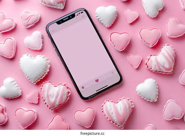 Pink Hearts and Smartphone Mockup for Valentines Day