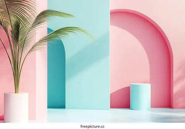 Minimalist  3D Scene with Palm Leaf and Light Blue Cylinder