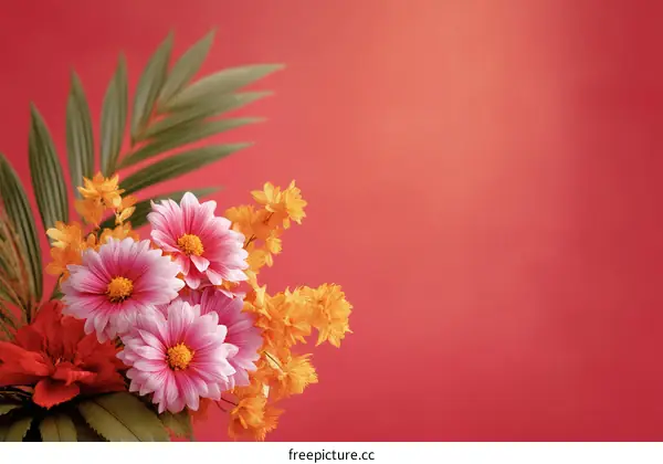 Beautiful Colorful Flower Arrangement on Red Background