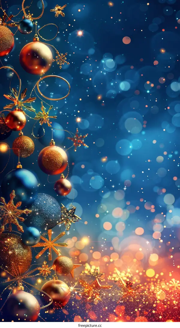 Christmas ornaments hanging on a blue background with a golden glow