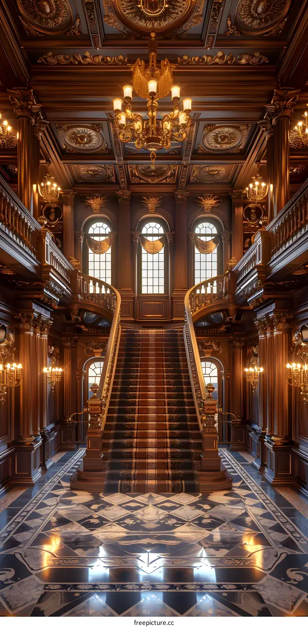 ornate hallway with marble floor and grand staircase