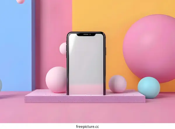 Smartphone Mockup With Colorful Spheres On A Platform