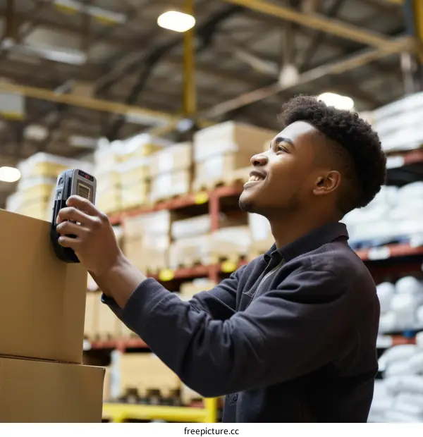 Smiling African American warehouse worker scanning a box with a handheld scanner