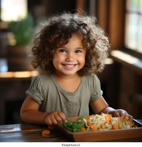 Portrait of a happy little girl eating pasta