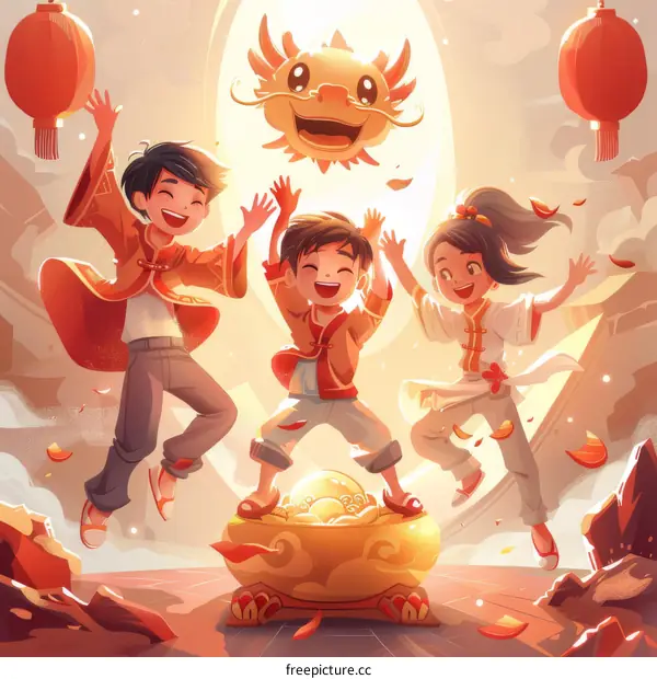 Three happy children jumping on a golden ingot during the Lantern Festival