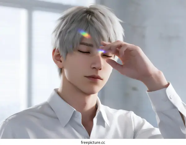 Silver-haired man in white shirt with closed eyes and colorful light effect