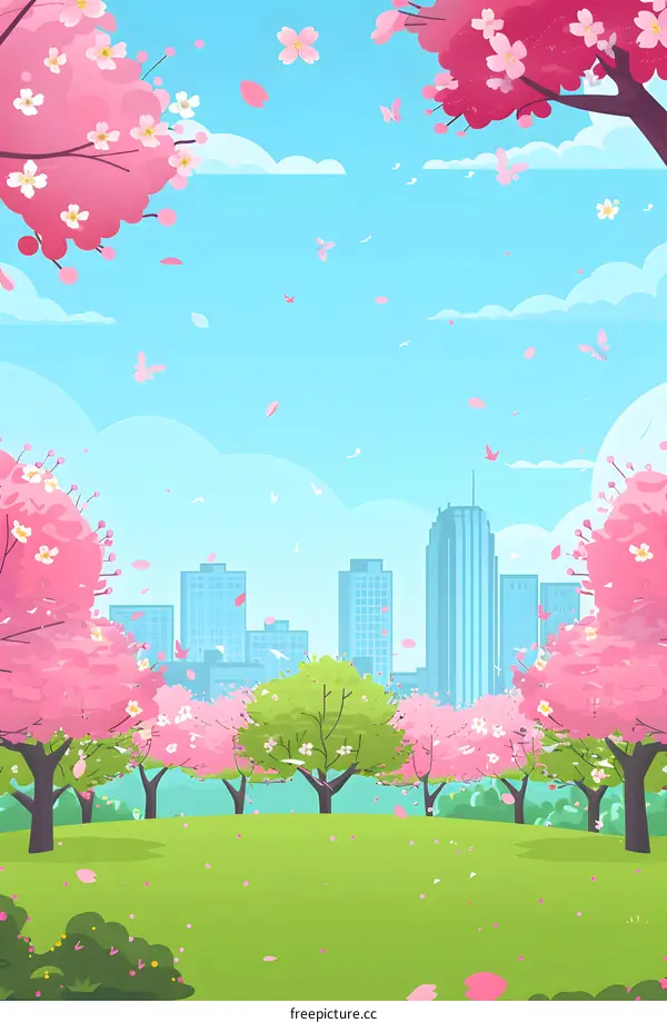 Springtime Landscape With Pink Blossoms And City Skyline