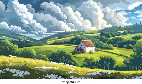 White Farmhouse in a Green Valley