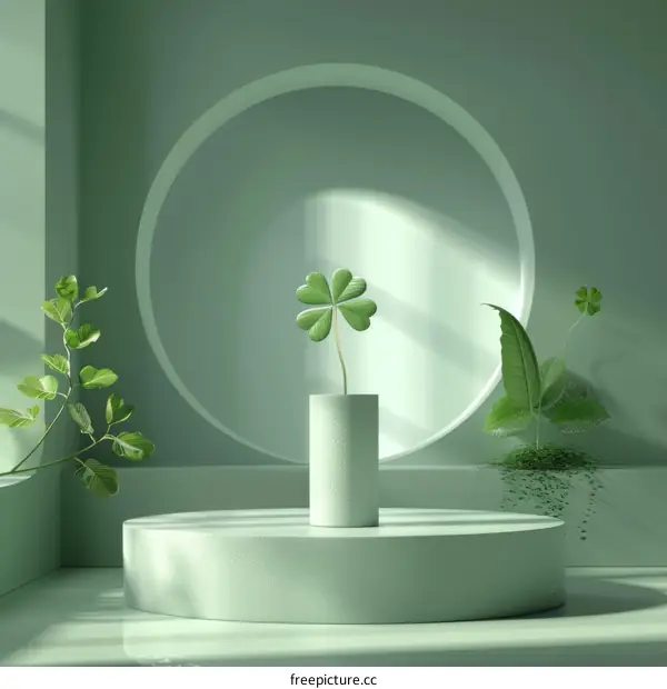 Green clover in a podium with a circular backdrop