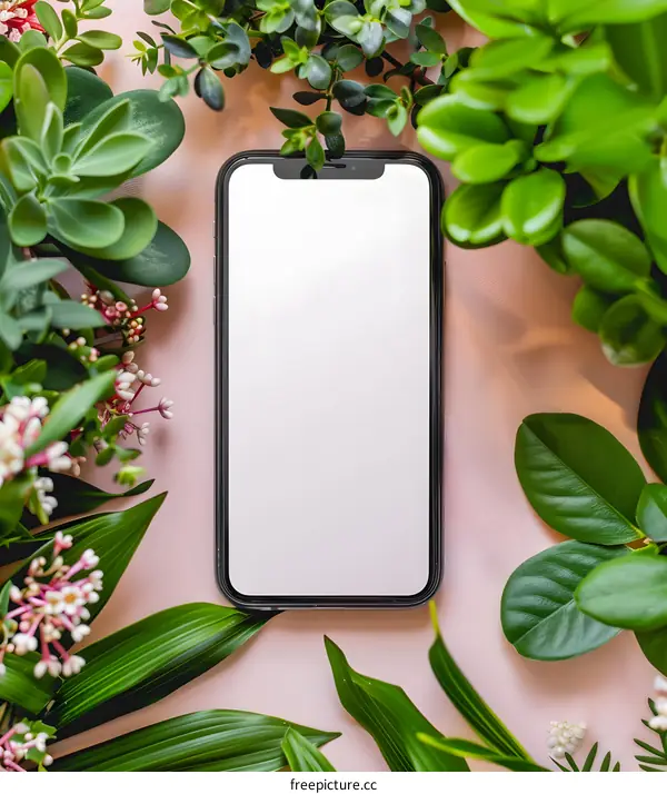 Blank Screen Smartphone Surrounded by Green Plants