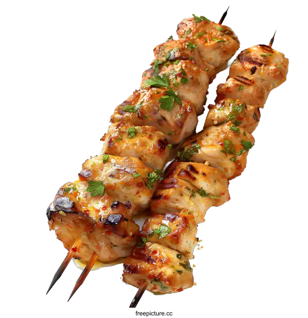 [Transparent Background PNG]Grilled Chicken Skewers with Parsley on White Background
