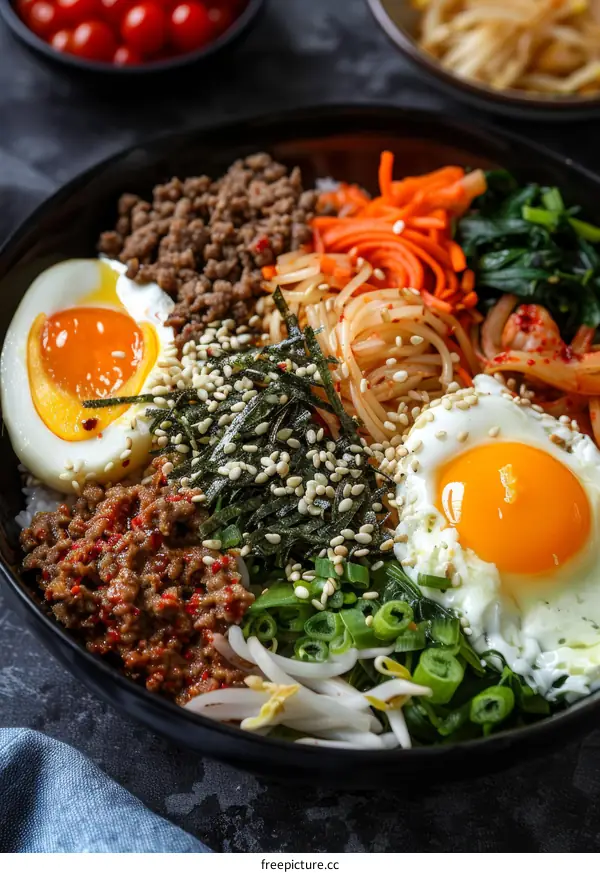 Bibimbap: Korean Mixed Rice with Meat, Vegetables, Kimchi and Egg