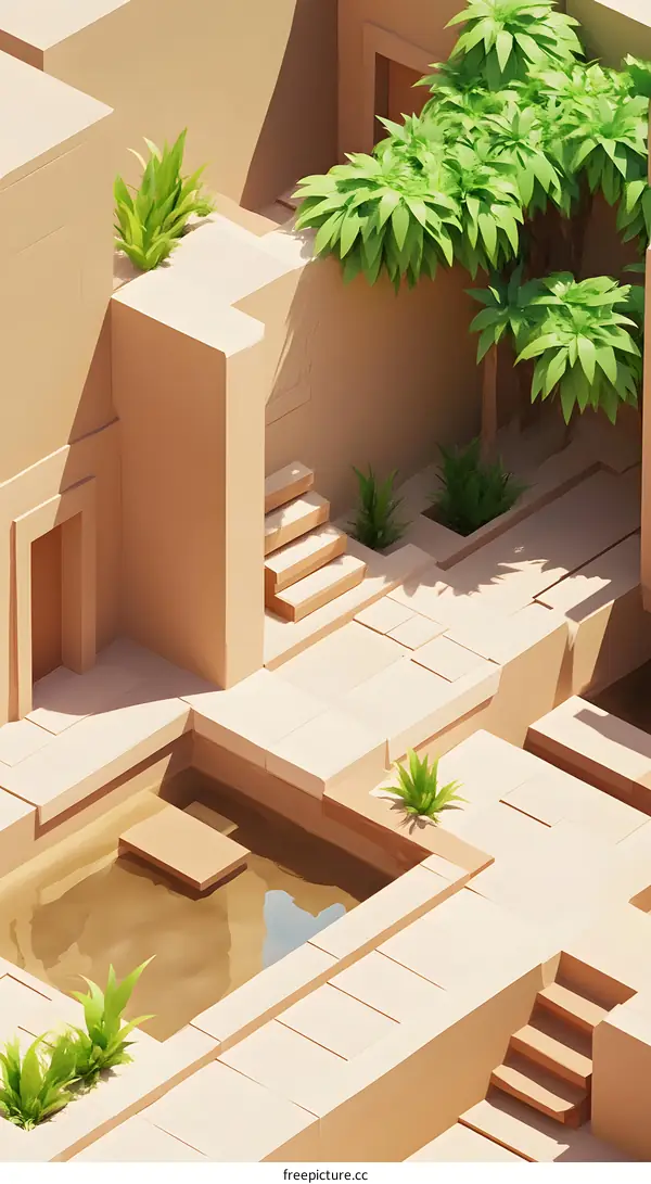 Minimalist Architecture Design with Geometric Shapes and Plants in an Abstract Courtyard