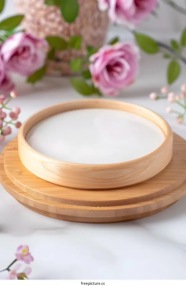 White Round Plate on Wooden Base with Pink Flowers Background