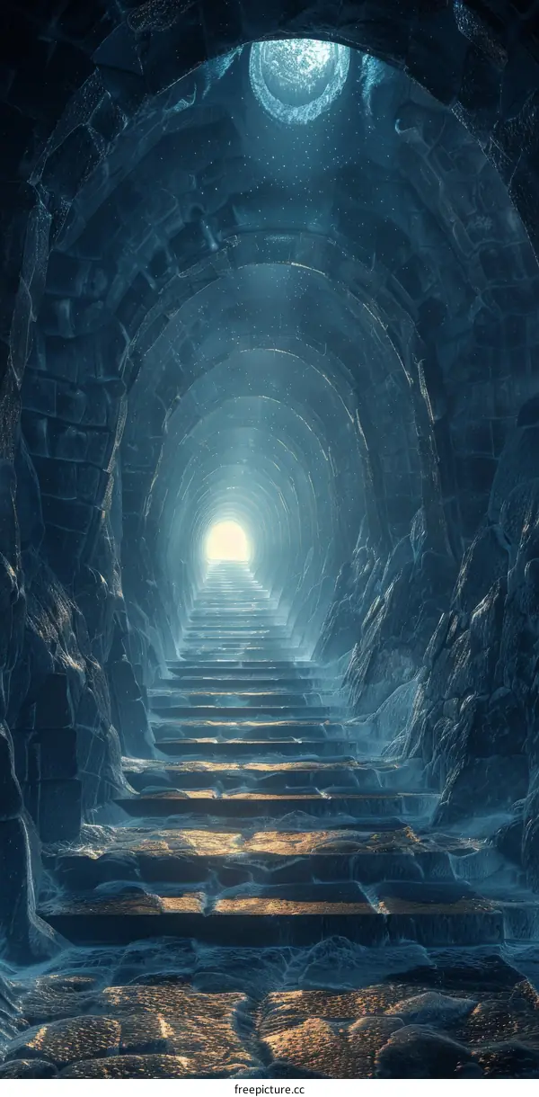 Mystical Icy Blue Stone Corridor with Stairs