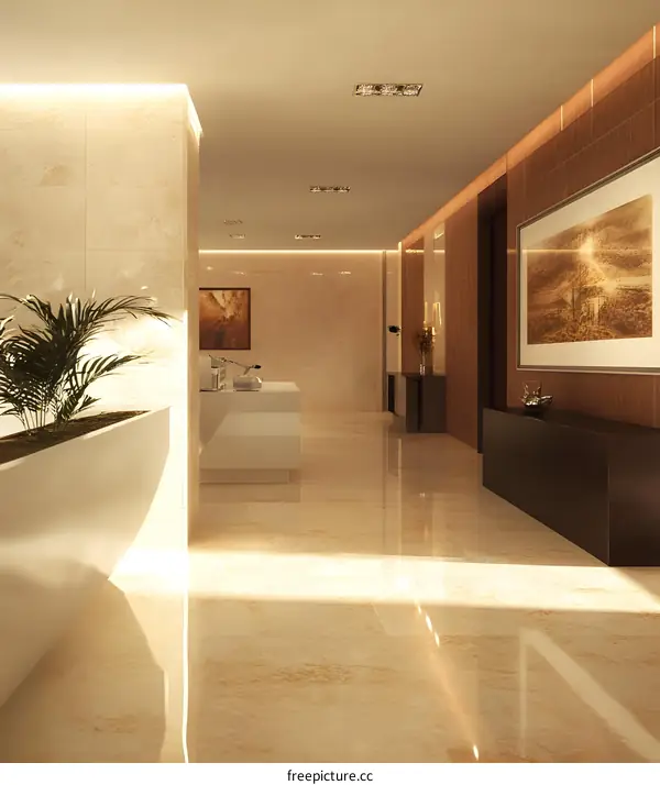 Modern Interior Design with Beige Marble Flooring and Wooden Walls