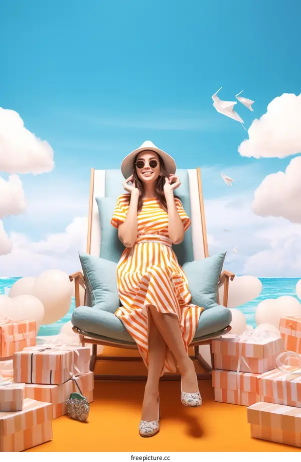 Happy Woman Relaxing on Beach with Presents and Paper Planes