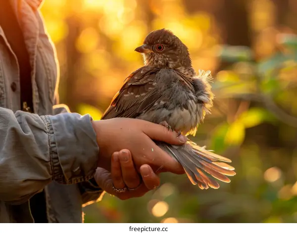 A woman holding a small brown bird in her hand