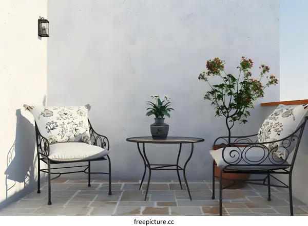 Wrought Iron Patio Furniture with White Cushions and Plants