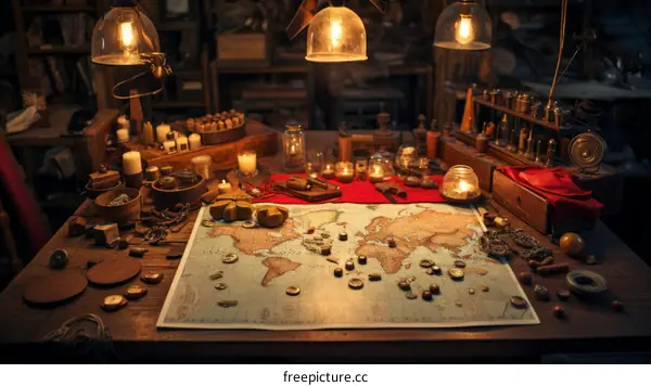 An adventurer's desk with a map of the world, candles, and writing supplies