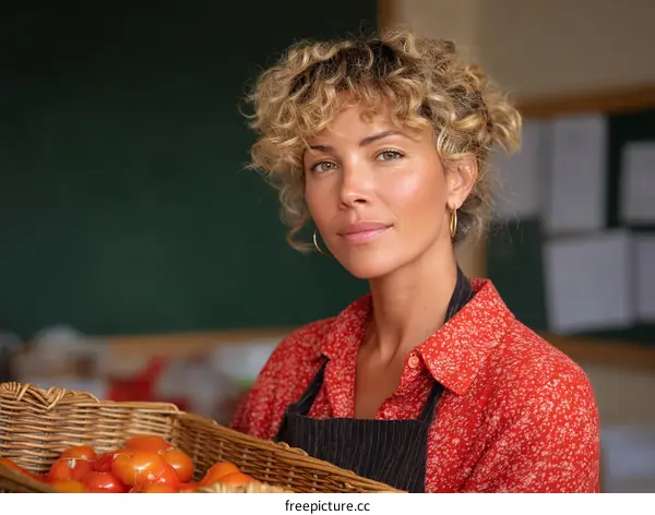 Woman Holding Basket of Tomatoes in Market