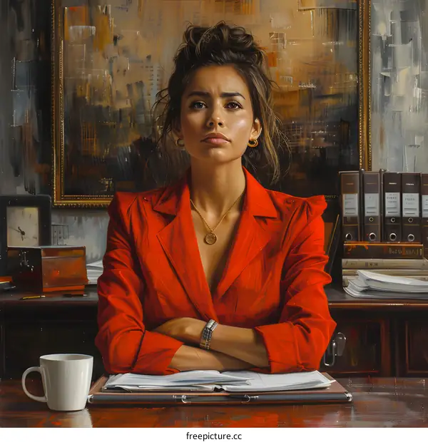 Portrait of a Woman in Red Blazer Sitting at Desk