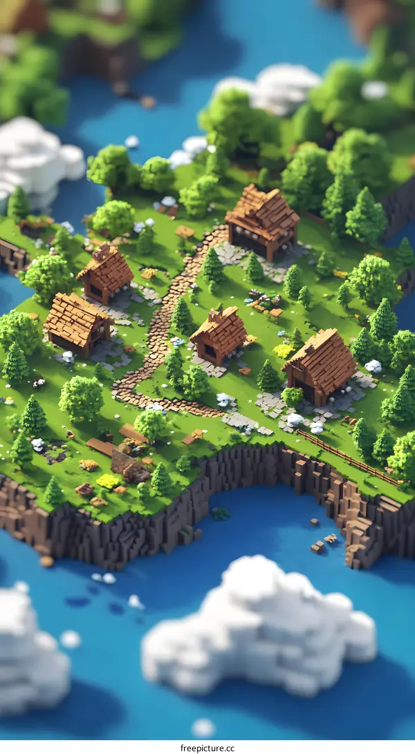 Low Poly Village Landscape with Houses and Trees