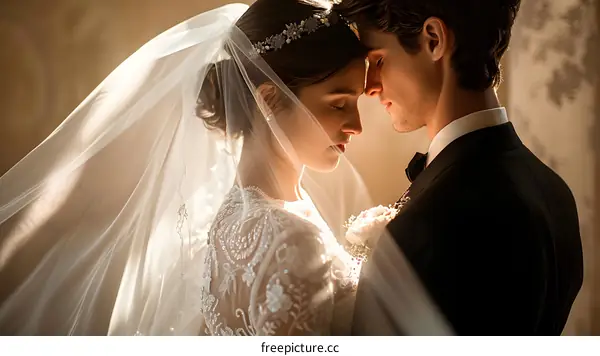 A beautiful bride and groom share a tender moment on their wedding day.