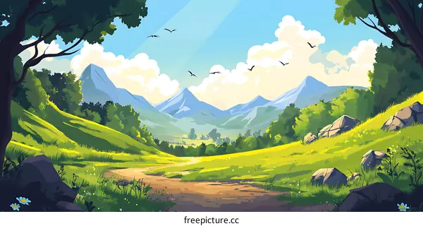 Green Meadow Landscape with Mountains and Birds