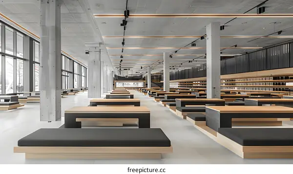 Modern Interior Design with Concrete Pillars and Wooden Benches