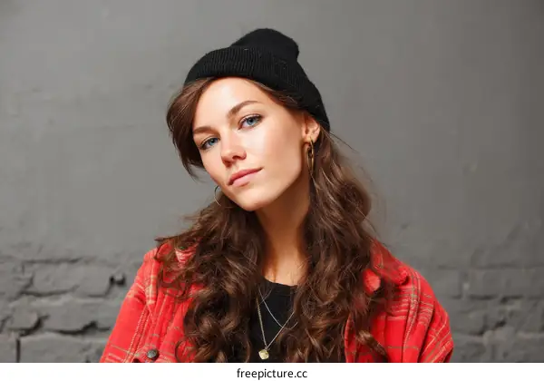 Close-up Portrait of a Caucasian Woman in a Red Plaid Shirt