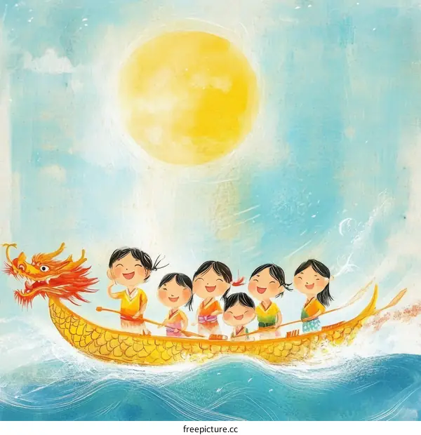 Children Rowing a Dragon Boat on a Sunny Day